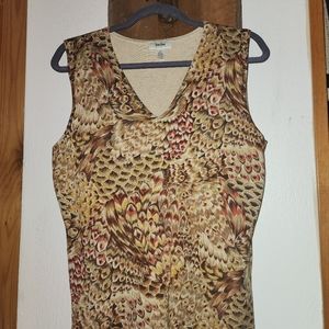 Neiman Marcus Brand V Neck Sleeveless Top Size L Pretty Feather Style Print